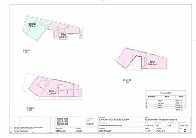 Etasjeplaner (PLAN 01, PLAN 02, PLAN U) som viser romfordeling og areal for BRA og garasje.