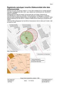 Et kart som viser registrerte naturtyper (etiketre) i forhold til et tiltaksområde, med overlappende sirkler for hensynssone og innmåling.