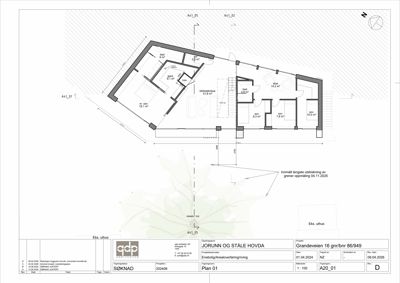 Etasjeplan (Plan 01) som viser romfordeling, arealer og innvendige vegger for en bolig.