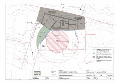 Situasjonsplan som viser bygningens plassering på tomten i forhold til naboeiendommer, samt angitte soner som skyggingssone, dryppssone og henvysningssone.