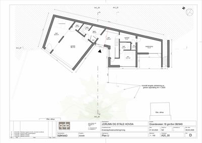 Etasjeplan (Plan U) som viser romfordeling, veggposisjon og arealer for en bolig.