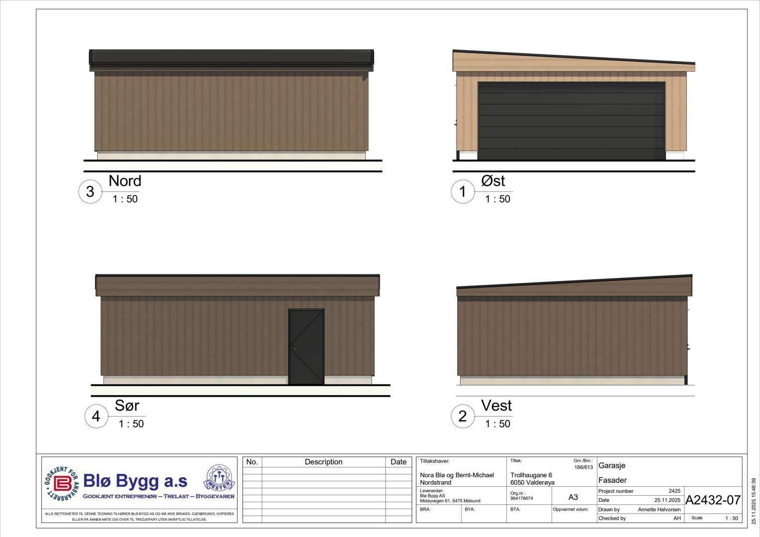 Fasadetegning som viser bygningens utseende fra alle fire sider (Nord, Øst, Sør, Vest).