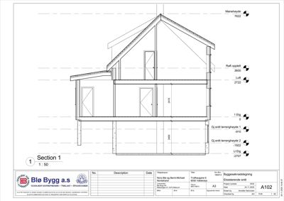 Snittegning (Section 1) som viser tverrsnittet av en bygning med høydeangivelser og etasjer.