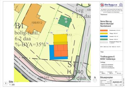Situasjonsplan som viser tomtens grenser, nabolag, eksisterende og nybygd bebyggelse med arealoppdelinger og BYA-beregning.