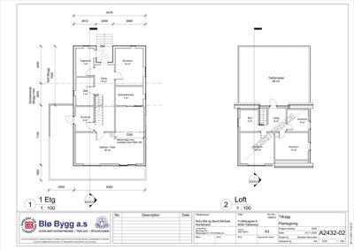 Etasjeplaner (1. etg og loft) med romfordeling, mål og areal.