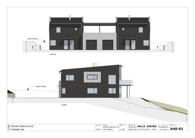 Fasadetegning som viser bygningens utseende fra sørvest og syd, inkludert terrengforhold.