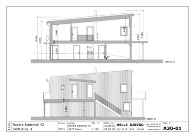 Tegning som viser tverrsnitt gjennom en bygning (Snitt A og B) med mål på høyder, vindusposisjon og takform.