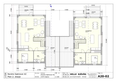 Etasjeplan (2. etasje) for en bolig med romfordeling, mål og terrassearealer.