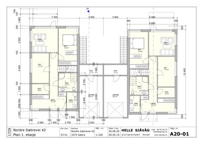 Etasjeplan (1. etasje) for en bygning ved Nordre Sætrevei 42, som viser romfordeling, dimensjoner og arealer.