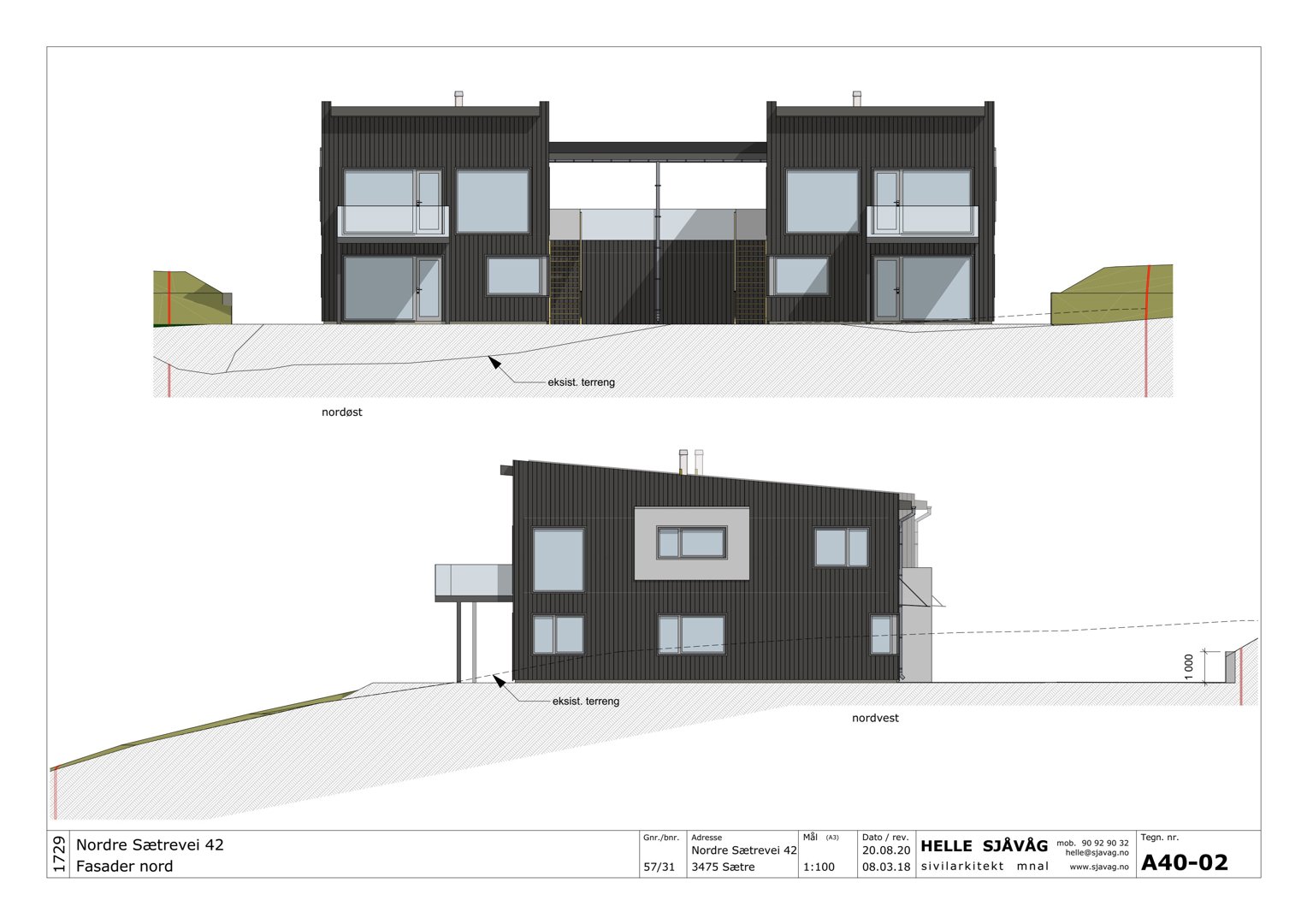 Fasadetegning av en bolig sett fra nordøst og nordvest.