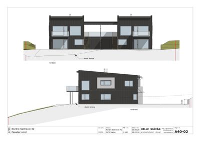 Fasadetegning som viser bygningens utseende sett fra nordøst og nordvest.