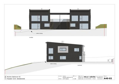 Fasadetegning (opprikk) av eksisterende bygning sett fra nordøst og nordvest.