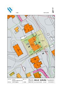 Situasjonsplan som viser tomtens form, bygningers plassering, høydeforhold og nabolag.