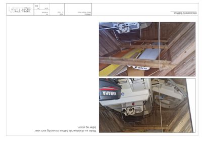 Fotografier av innvendig utstyr i et båthus, inkludert en Yamaha-motor og en båtrulle.