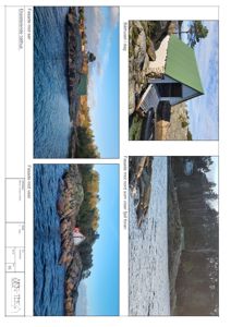 Fotografier av en eksisterende båthus i dag, inkludert fasadebilder og situasjonsbilder.