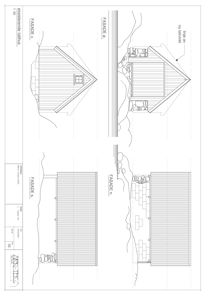 Fasadetegning som viser oppriss av en eksisterende båthusbygning sett fra fire sider (n, s, ø, v). Tegningen inkluderer detaljer om takform, vinduer og terrengforhold.