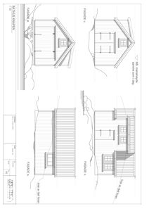 Fasadetegning som viser utsiden av et hus (BATHUS KNAPEN) sett fra fire ulike sider (n, s, v, o).