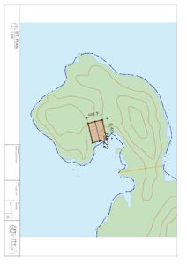 Situasjonsplan som viser etasjeplanets plassering på tomt med høydekurver og dimensjoner.