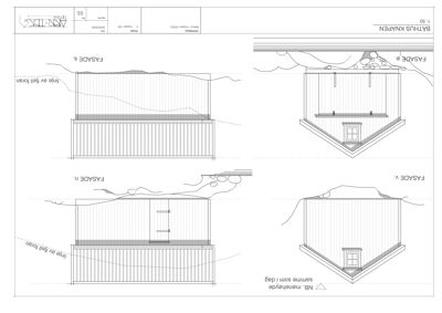Fasadetegning som viser bygningens utsyn fra fire sider (nord, sør, øst, vest).