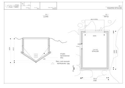 Bildet viser en tegning med både etasjeplan (PLAN) og snitt (SNITT) for en bygning kalt 'BATHUS KNAPE'. Tegningen inneholder mål, orientering (NØ) og en situasjonsplan.