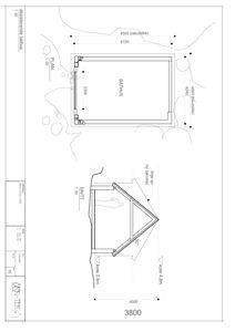 Tegning som viser etasjeplan (PLAN) og snitt (SNITT) av en badhuskonstruksjon med mål og dimensjoner.