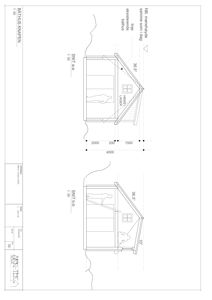 Snittegning (SNT) av et badhus som viser tverrsnittet gjennom bygningen, takhøyde og innvendige dimensjoner.