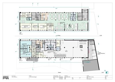 Etasjeplaner for et administrasjonsbygg som viser romfordeling, arealer og funksjoner på to nivåer.