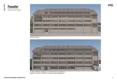 3D-visualisering av fasaden til Administrasjonsbygget (Minde Allé 10). Bildet viser både den eksisterende fasaden og en planlagt ny fasade med utvidet vindusfelt.