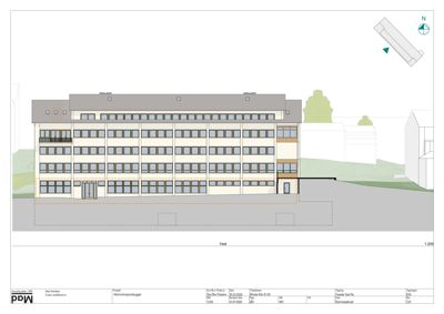 Fasadetegning av 'Administrasjonsbygget' sett fra vest.