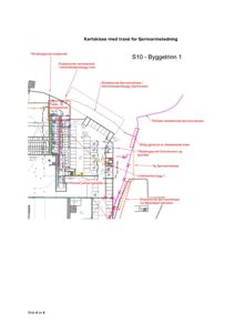 Kartskisse som viser trase for fjernvarmededning og tilkoblingspunkter i et byggetrinn.