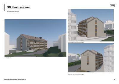 3D-visualiseringer (renderinger) av et administrasjonsbygg i eksisterende situasjon, vist fra flere vinkler.