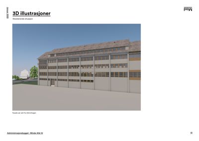 3D-visualisering (rendering) av en eksisterende situasjon for Administrasjonsbygget på Minde Allé 10.