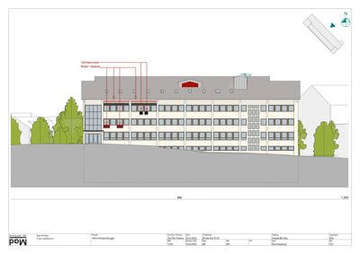 Fasadetegning av et administrasjonsbygg med oppriss av fasade, tak og grunnplan. Tegningen viser vinduer, inngang, takkonstruksjon og plassering av varmesystemer.
