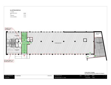 Etasjeplan (illustrasjonsplan) som viser romfordeling, vegger, dører og innredning for et bygg.