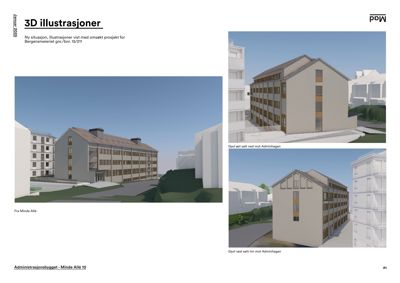 3D-visualiseringer (renderinger) av et administrasjonsbygg sett fra ulike vinkler.