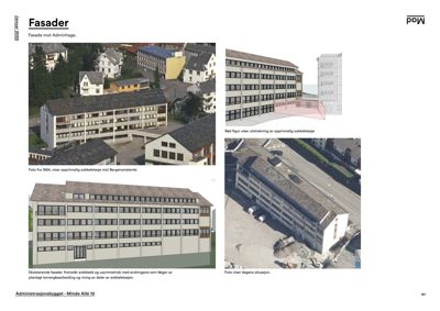 Et sammensatt bilde som viser en bygning (Adminhagen) fra flere vinkler: et historisk foto fra 1964, en 3D-rendering av fasaden, en situasjonsfoto og en illustrasjon av opprinnelig sokkeltasje.