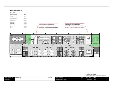 Etasjeplan (4. etasje) som viser romfordeling, møblering og tekniske endringer for et kontorbygg.