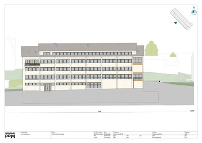 Fasadetegning (opprikk) av et fleretasjes bygg sett fra vest.