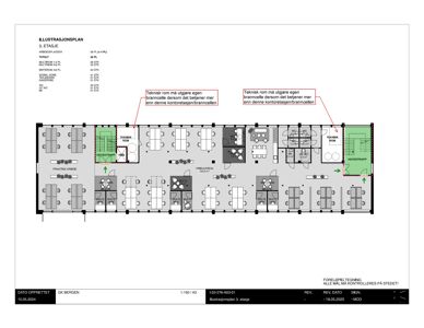 Etasjeplan (illustrasjonsplan) for 3. etasje som viser romfordeling, møblering og tekniske merknader.