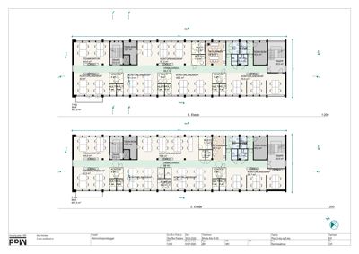 Plantegning som viser romfordeling og arealer for 2. og 3. etasje i et kontorbygg.