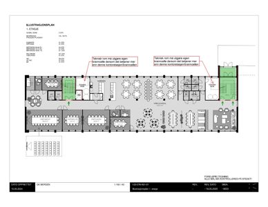 Etasjeplan (1. etasje) som viser romfordeling, møblering og funksjonelle soner i et kontor- eller serveringslokale.