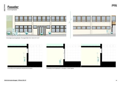 Fasadetegning som viser utsiden av bygningen med mål på vinduer og inngang, samt innvendige høyder.