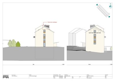 Fasadetegning som viser bygningens utseende sett fra sør og nord, inkludert detaljer om vinduer, takform og terrengforhold.