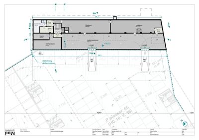 Situasjonsplan som viser plassering av et parkeringshus i forhold til nabolaget, med angitte mål, veier og eiendomsnummer.