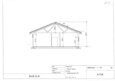 Snittegning (Snitt A-A) som viser tverrsnittet av en bygning med mål på tak, vegger og fundament.