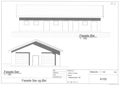 Tegning som viser fasadeoppsett for bygningen sett fra sør og øst.