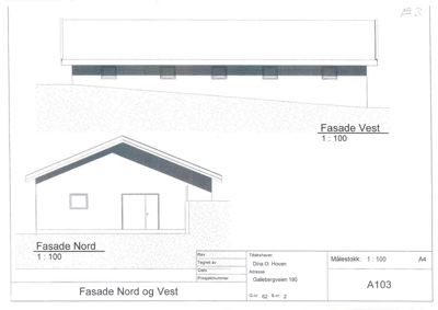 Tegning som viser fasadeopprikk for en bygning, med utsnitt av Fasad Nord og Fasad Vest.