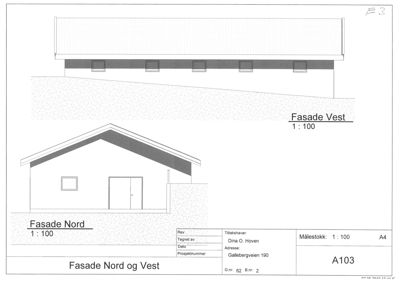 Tegning som viser fasadeoppsett for bygningen sett fra nord og vest.