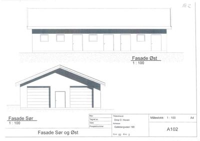 Fasadetegning som viser bygningens utsyn mot øst og sør med målestokk 1:100.