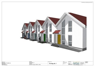 3D-visualisering (rendering) av en rekkehusbebyggelse med fasade, tak og innganger. Bildet viser et arkitektonisk forslag.